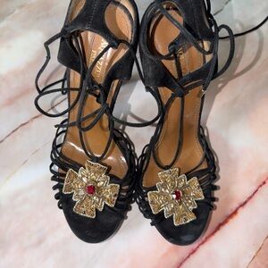 Aquazzura Black and Gold Lace-Up Heels with embellished accent
